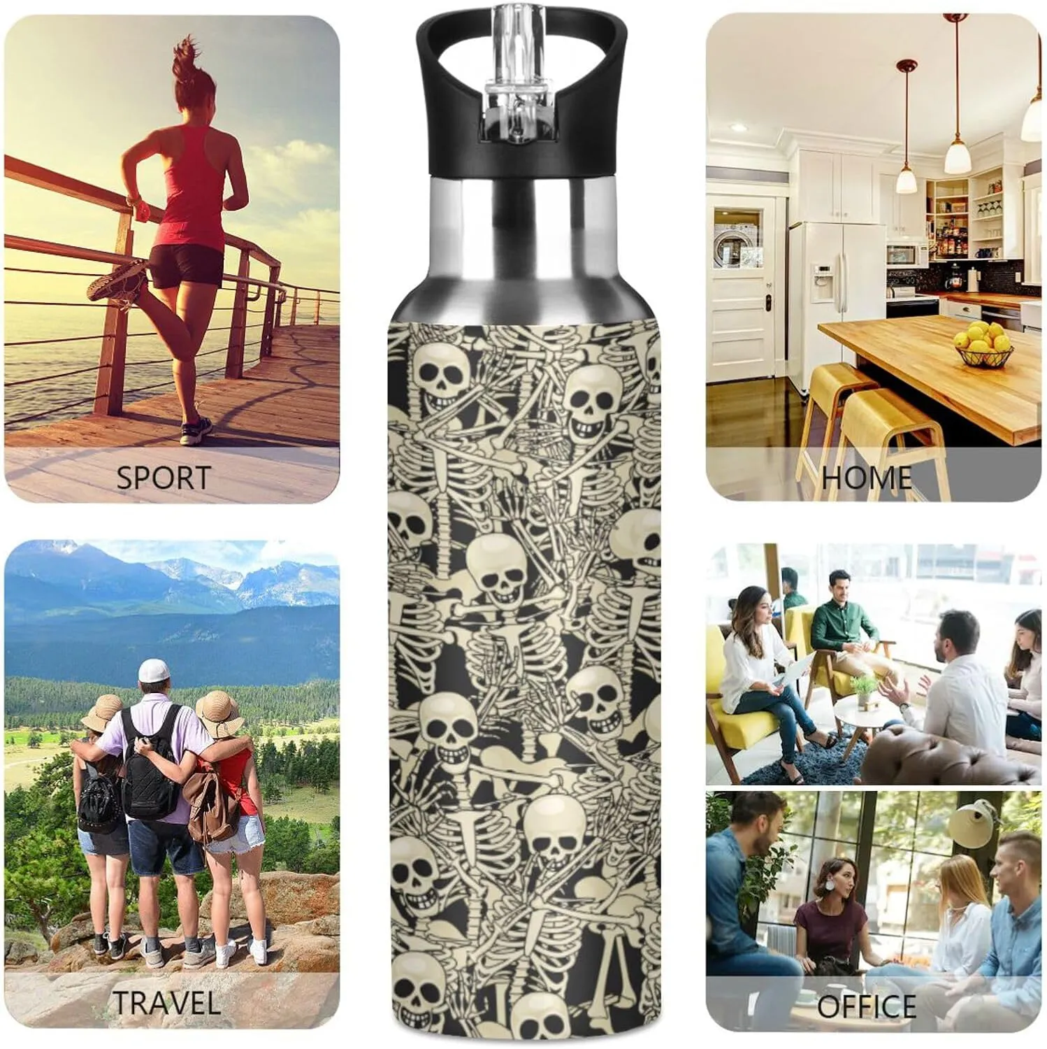ALAZA Gothic Skull Skeleton Water Bottle With Straw Lids Boys Girls,Vacuum Insulated Leakproof Stainless-Steel Sports Bottle Thermal Flask For Gym Yoga Camping,20Oz (600Ml)