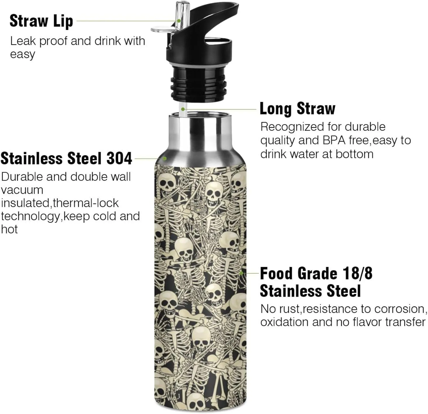 ALAZA Gothic Skull Skeleton Water Bottle With Straw Lids Boys Girls,Vacuum Insulated Leakproof Stainless-Steel Sports Bottle Thermal Flask For Gym Yoga Camping,20Oz (600Ml)
