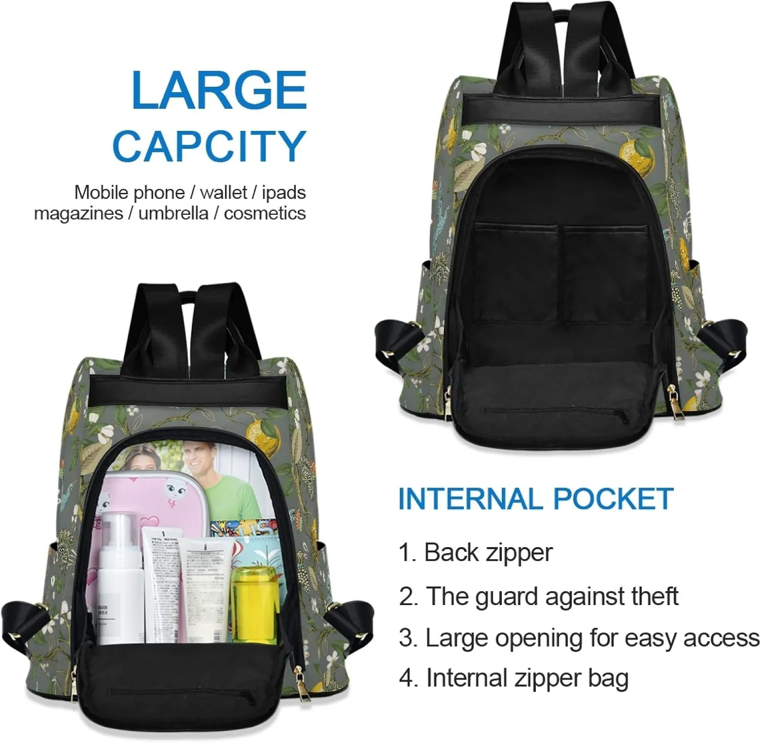 ALAZA Lemons Flowers Hummingbirds Blooming Garden Backpack Purse for Women Anti Theft Fashion Back Pack Shoulder Bag