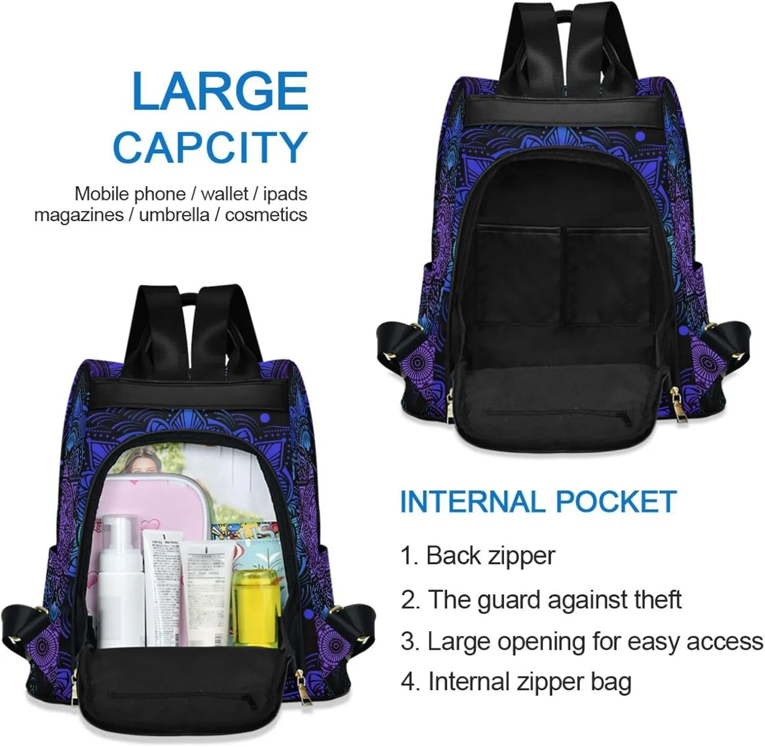 ALAZA Mandala Boho Bohemian Lotus Backpack Purse for Women Anti Theft Fashion Back Pack Shoulder Bag