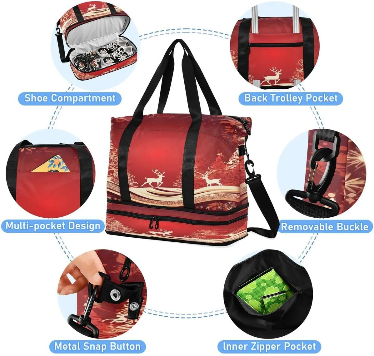 ALAZA Merry Christmas Reindeer Snow Red Travel Duffel Bag with Shoe Compartment Tote Bag Weekender Overnight Bag with Wet Pocket for Travel,Gym,Yoga,Swimming