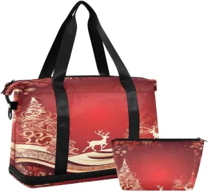ALAZA Merry Christmas Reindeer Snow Red Travel Duffel Bag with Shoe Compartment Tote Bag Weekender Overnight Bag with Wet Pocket for Travel,Gym,Yoga,Swimming