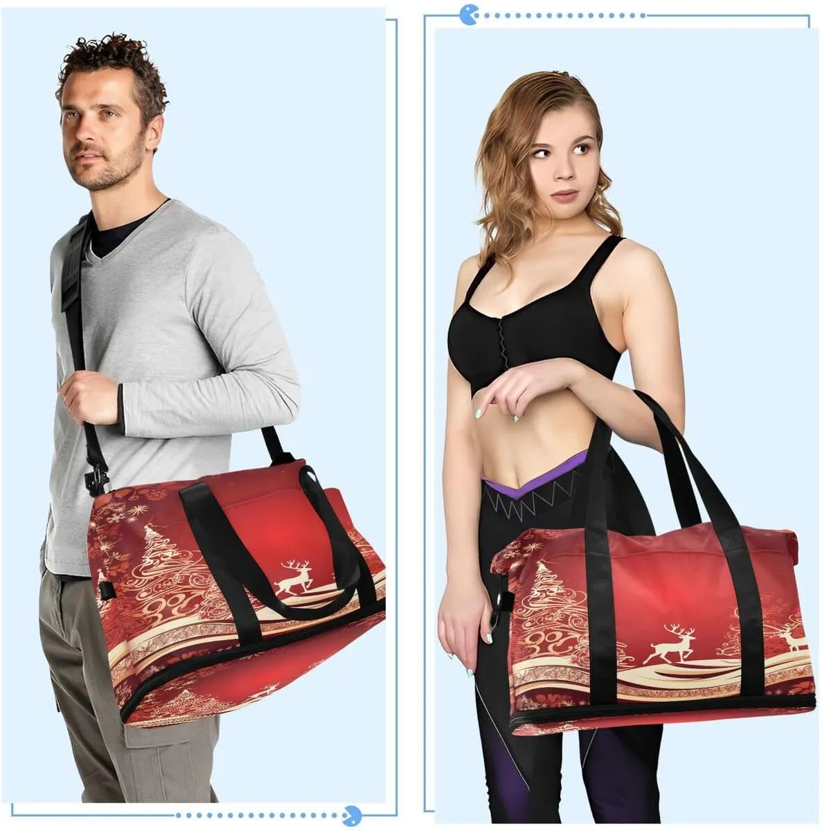 ALAZA Merry Christmas Reindeer Snow Red Travel Duffel Bag with Shoe Compartment Tote Bag Weekender Overnight Bag with Wet Pocket for Travel,Gym,Yoga,Swimming