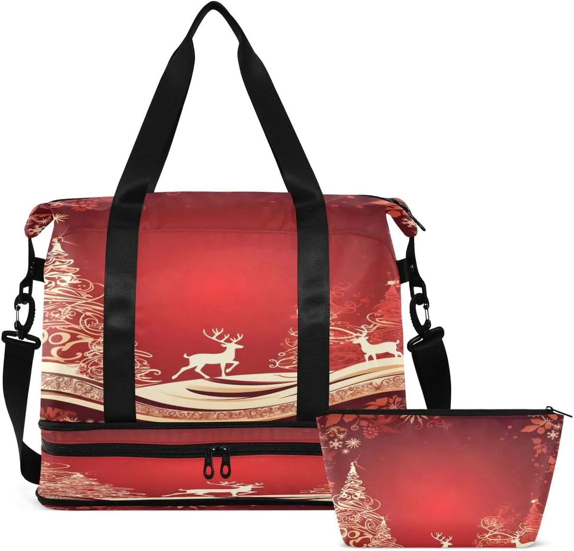 ALAZA Merry Christmas Reindeer Snow Red Travel Duffel Bag with Shoe Compartment Tote Bag Weekender Overnight Bag with Wet Pocket for Travel,Gym,Yoga,Swimming