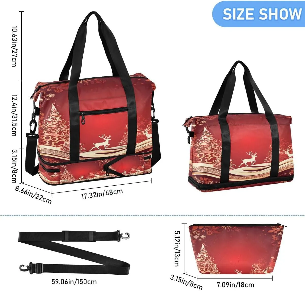 ALAZA Merry Christmas Reindeer Snow Red Travel Duffel Bag with Shoe Compartment Tote Bag Weekender Overnight Bag with Wet Pocket for Travel,Gym,Yoga,Swimming