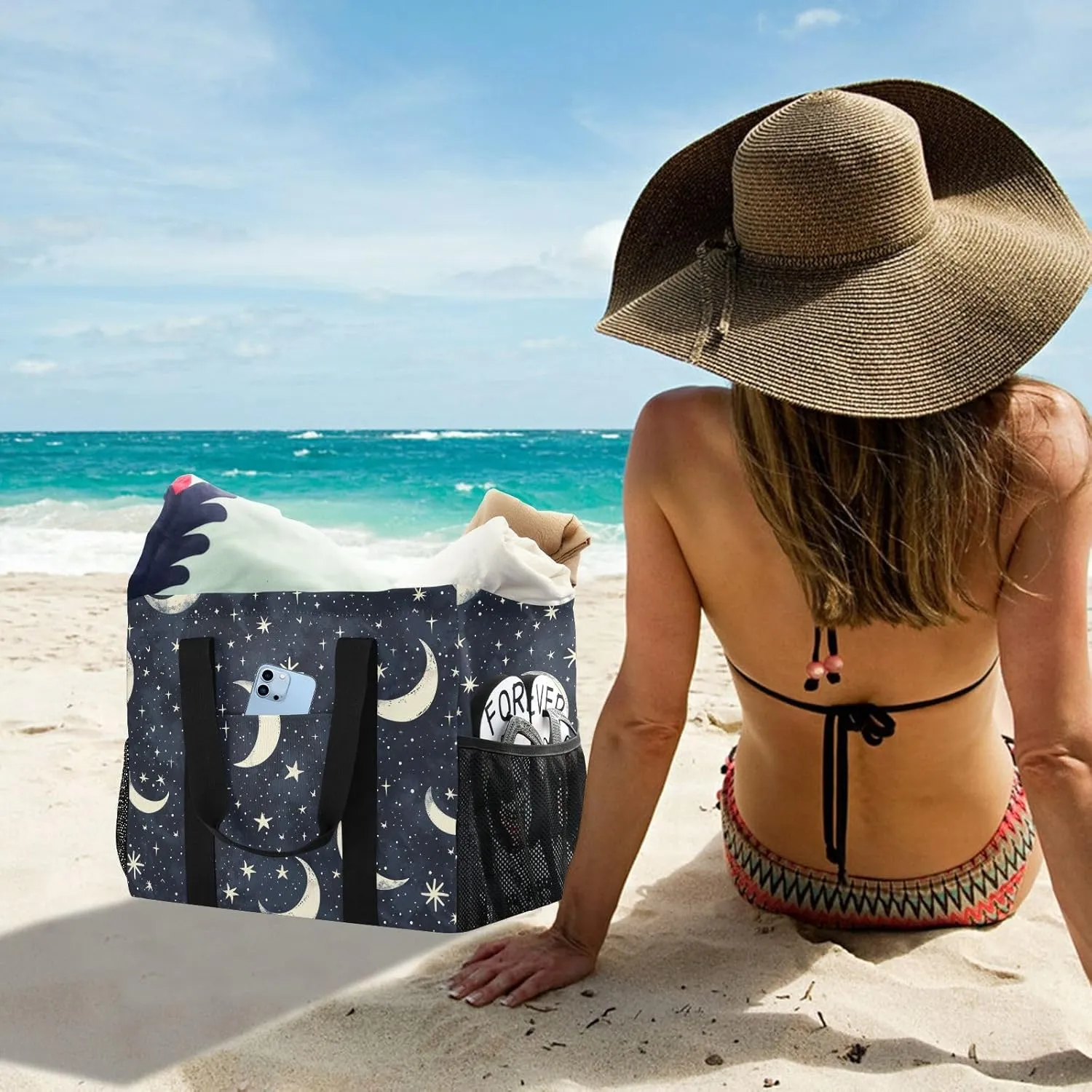 ALAZA Moon Stars on Blue Waterproof Beach Tote Bags