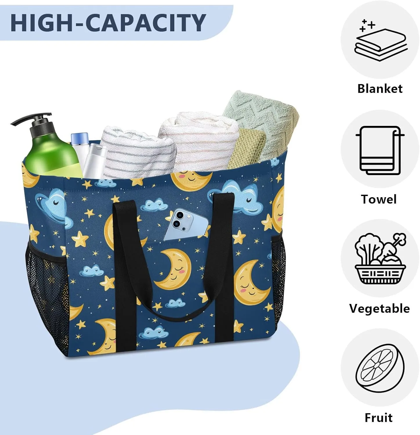 ALAZA Moon Stars on Blue Waterproof Beach Tote Bags