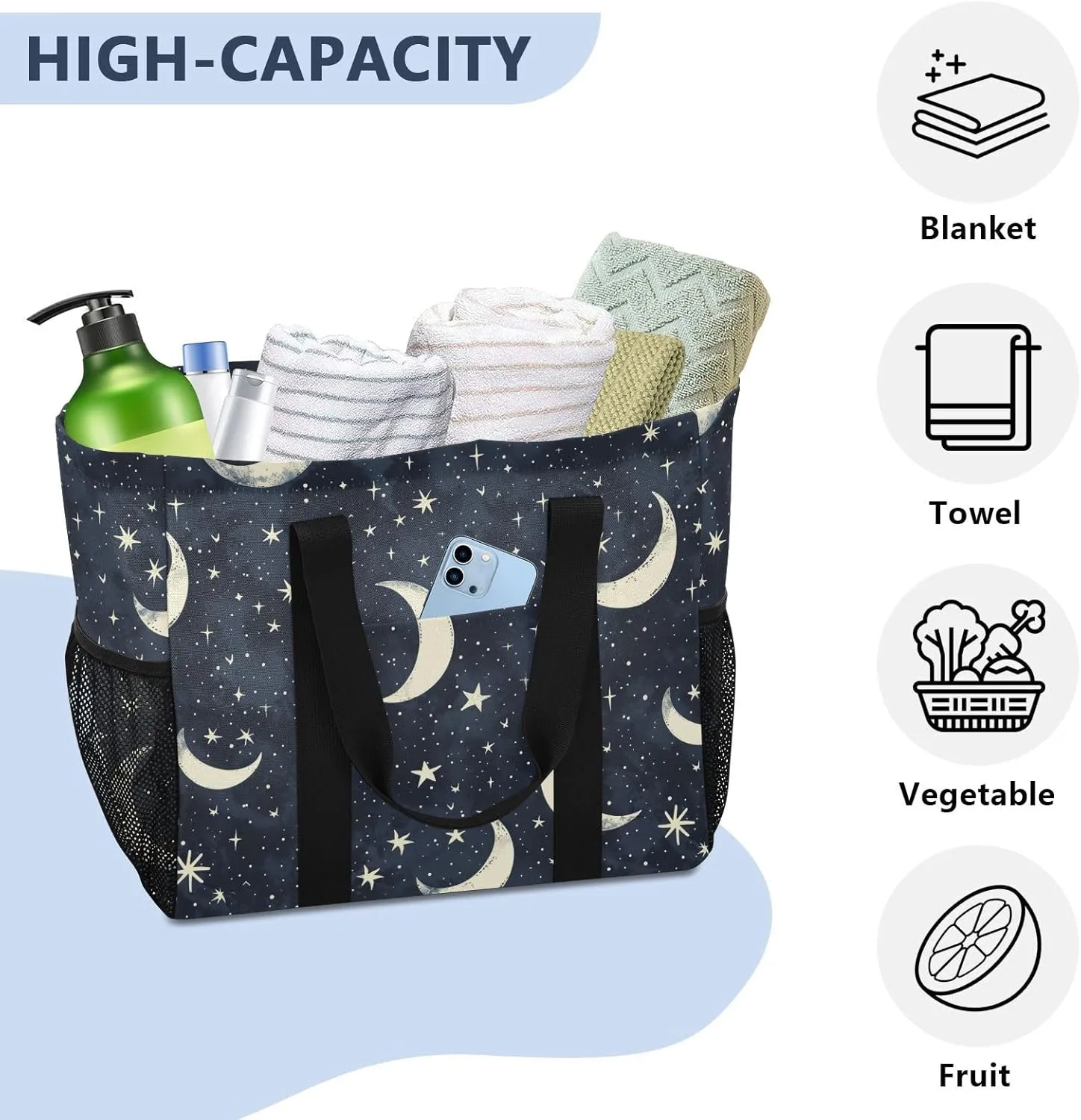 ALAZA Moon Stars on Blue Waterproof Beach Tote Bags