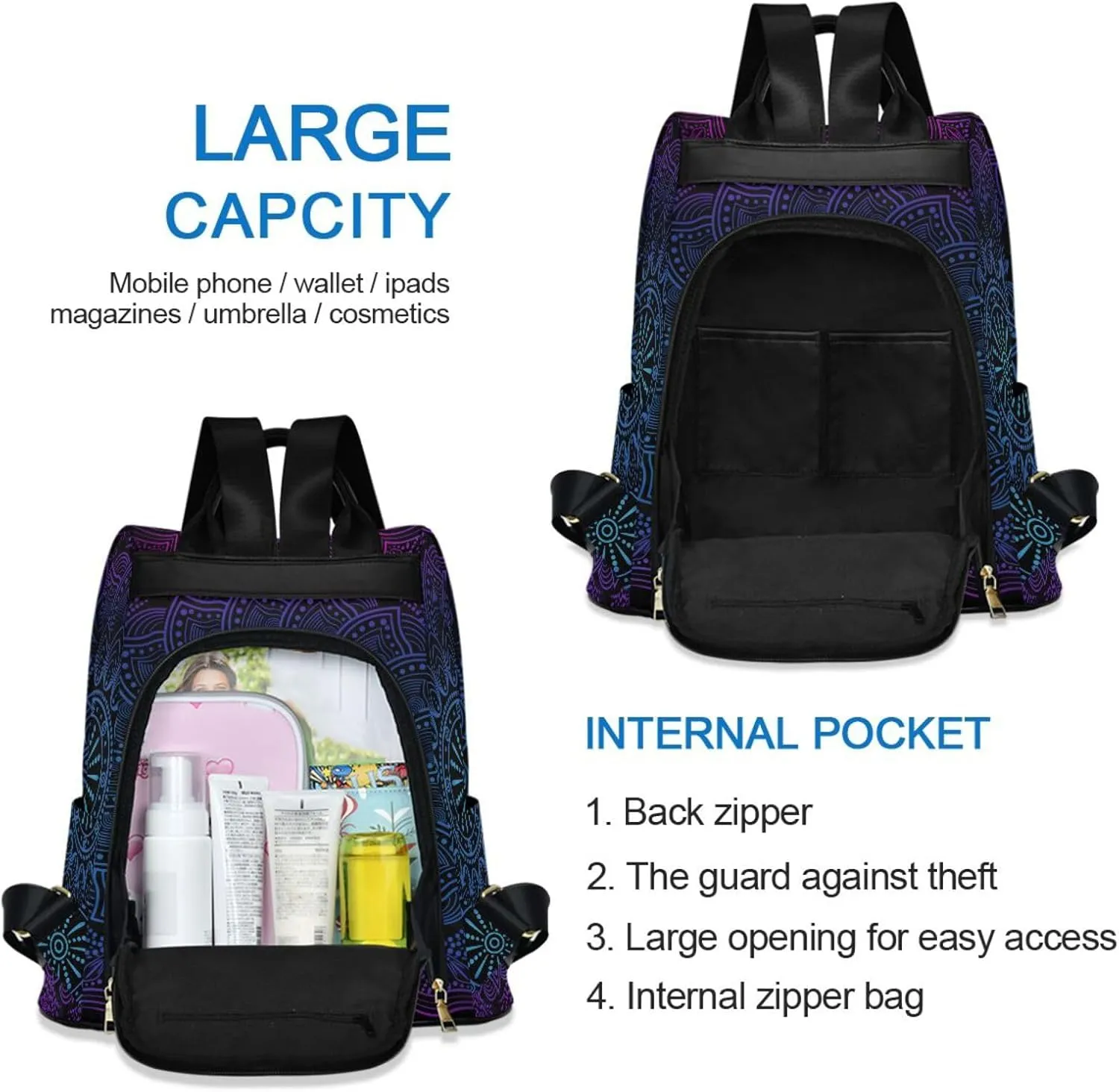 ALAZA Rainbow Mandala Boho Lotus Backpack Purse for Women Anti Theft Fashion Back Pack Shoulder Bag