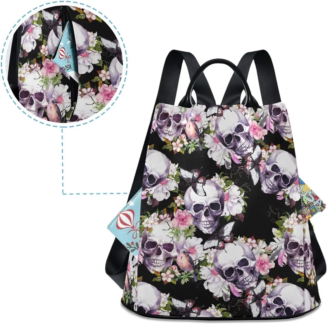 ALAZA Skulls Flowers Birds Butterfly Backpack Purse for Women Anti Theft Fashion Back Pack Shoulder Bag