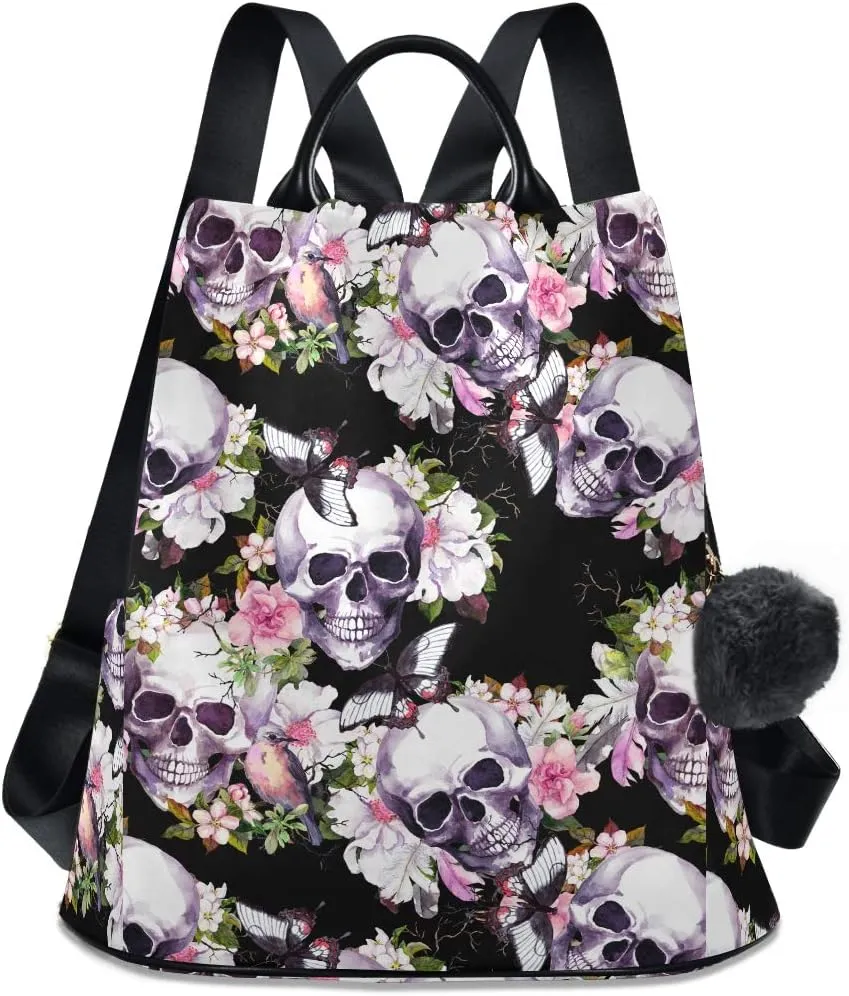 ALAZA Skulls Flowers Birds Butterfly Backpack Purse for Women Anti Theft Fashion Back Pack Shoulder Bag
