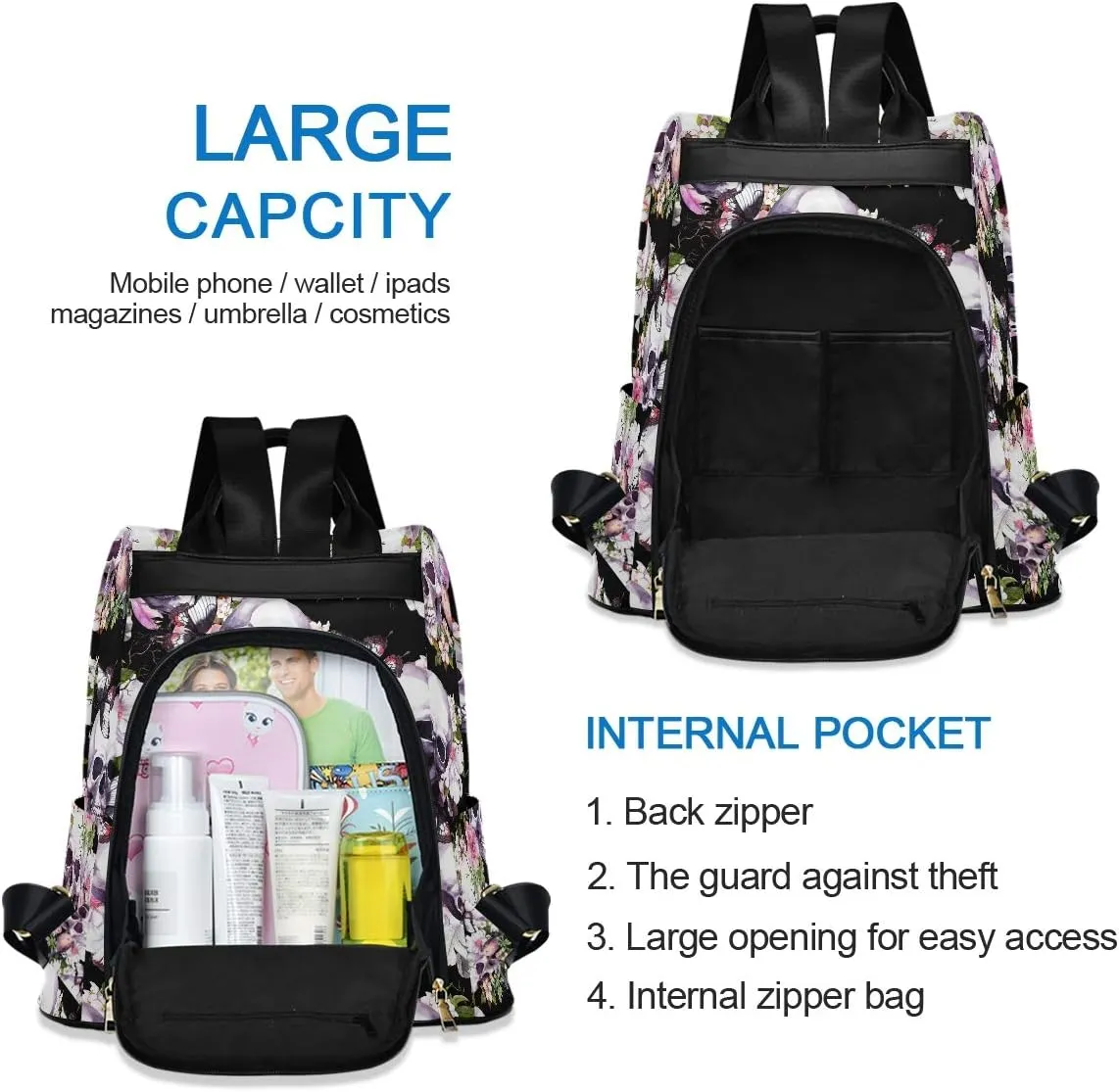 ALAZA Skulls Flowers Birds Butterfly Backpack Purse for Women Anti Theft Fashion Back Pack Shoulder Bag