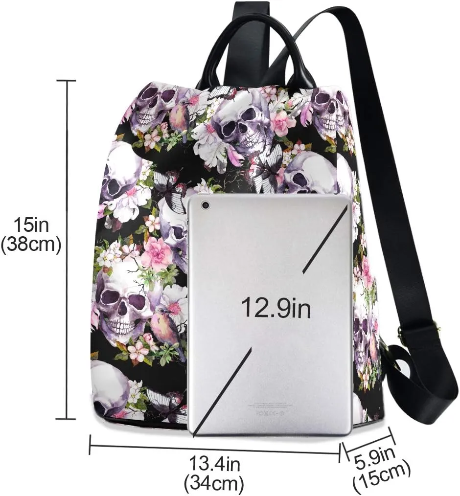 ALAZA Skulls Flowers Birds Butterfly Backpack Purse for Women Anti Theft Fashion Back Pack Shoulder Bag