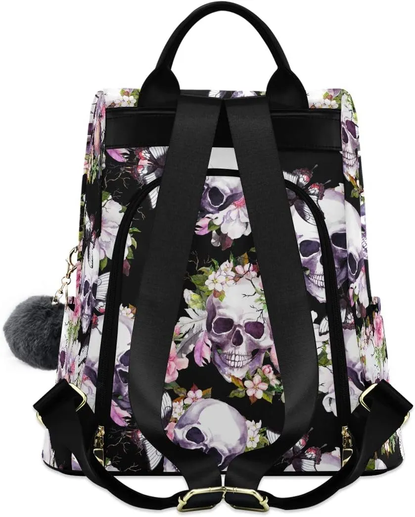 ALAZA Skulls Flowers Birds Butterfly Backpack Purse for Women Anti Theft Fashion Back Pack Shoulder Bag