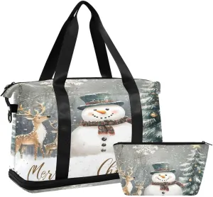 ALAZA Snowman Deer Merry Christmas Pine Tree Snowflake Duffel Bag with Shoe Compartment Tote Bag Weekender Overnight Bag with Wet Pocket for Travel,Gym,Yoga,Swimming
