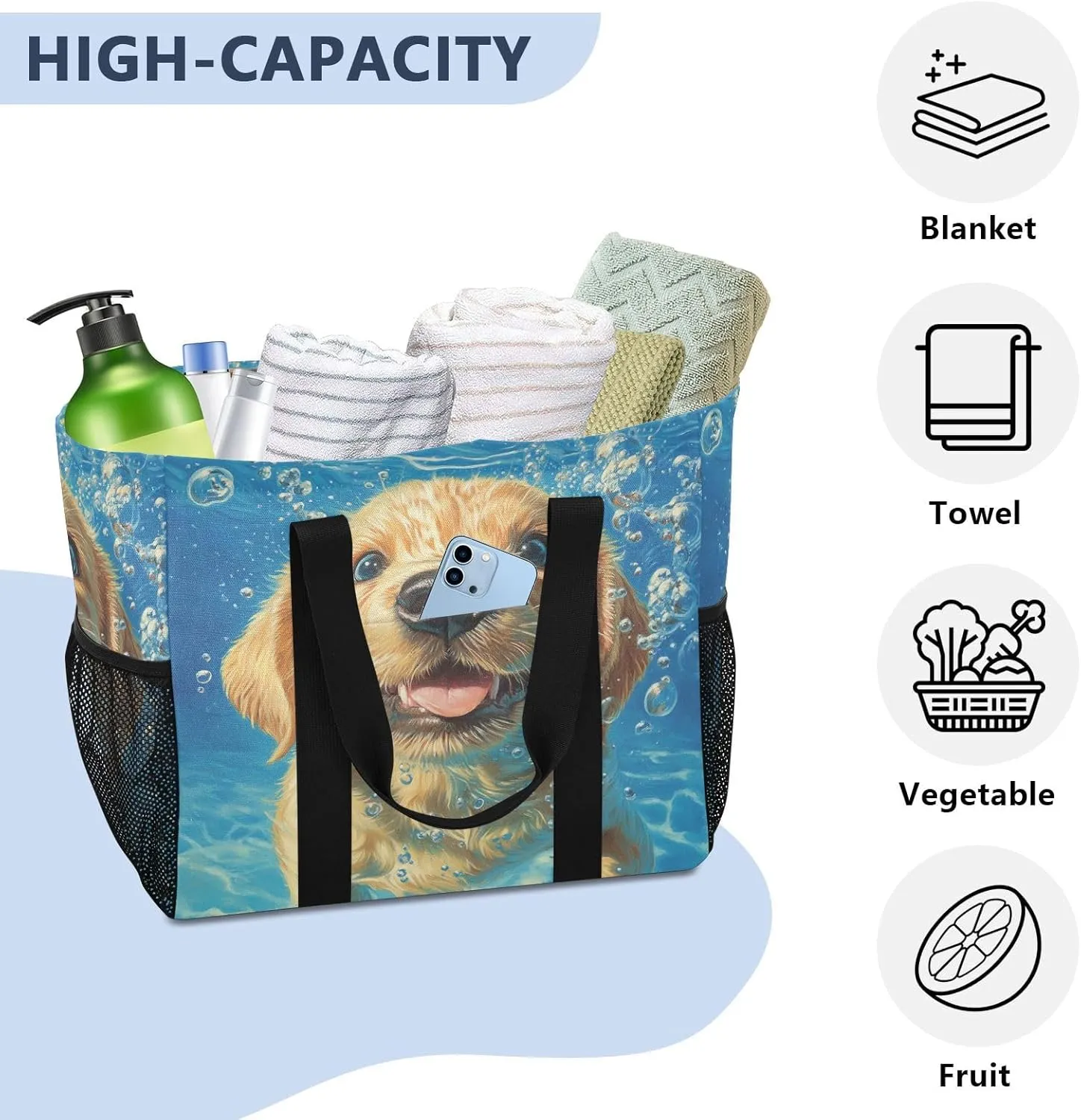 ALAZA Two Puppy Dogs with Sunglasses Flower Waterproof Beach Tote Bags