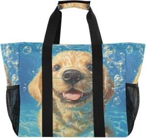 ALAZA Two Puppy Dogs with Sunglasses Flower Waterproof Beach Tote Bags