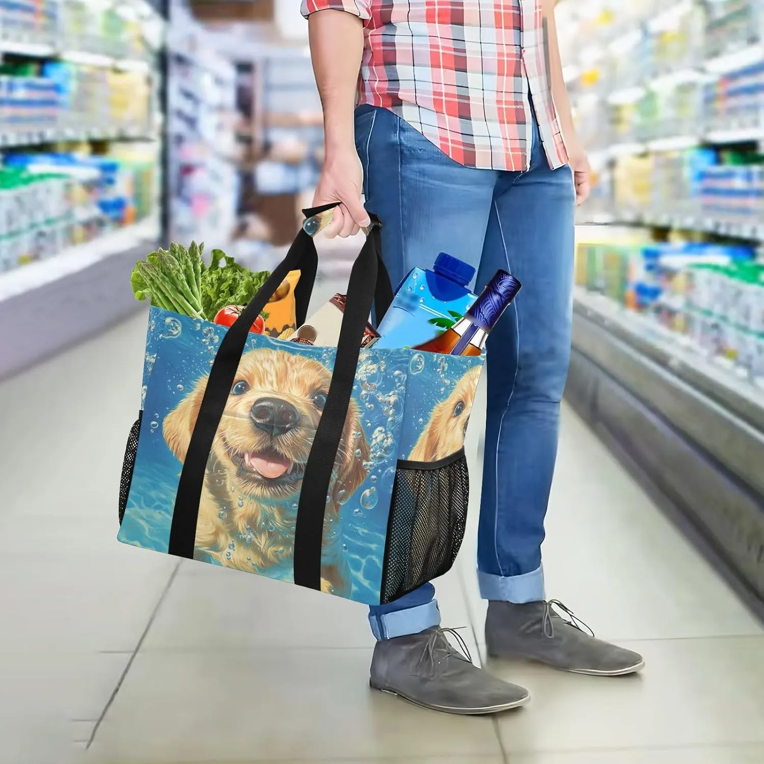 ALAZA Two Puppy Dogs with Sunglasses Flower Waterproof Beach Tote Bags