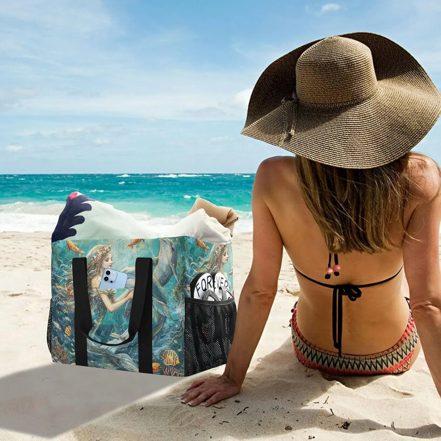 ALAZA Underwater World Dolpins Sand Ocean Waterproof Beach Tote Bags