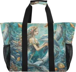 ALAZA Underwater World Dolpins Sand Ocean Waterproof Beach Tote Bags