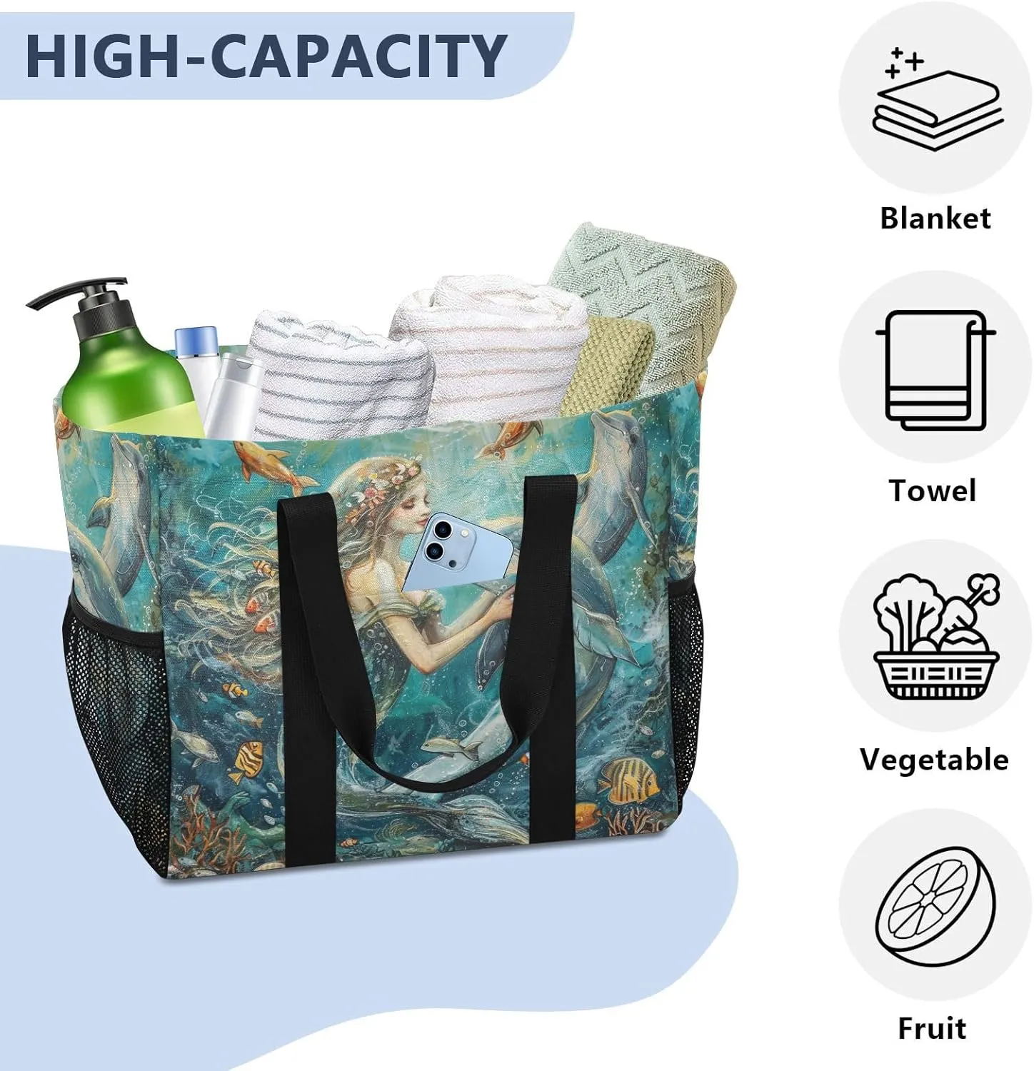 ALAZA Underwater World Dolpins Sand Ocean Waterproof Beach Tote Bags