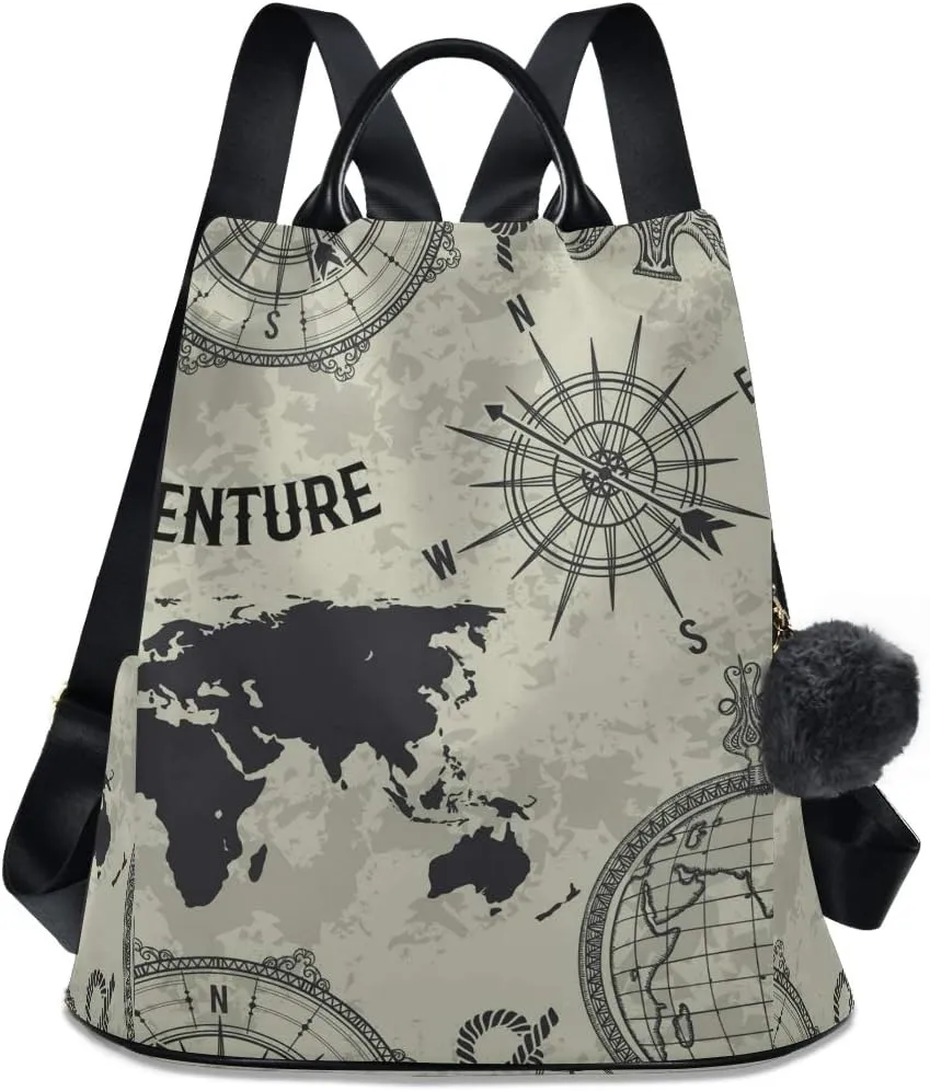 ALAZA Vintage World Map Globe Compass Retro Backpack Purse for Women Anti Theft Fashion Back Pack Shoulder Bag