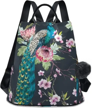 ALAZA Watercolor Peacock Flower Floral Backpack Purse for Women Anti Theft Fashion Back Pack Shoulder Bag