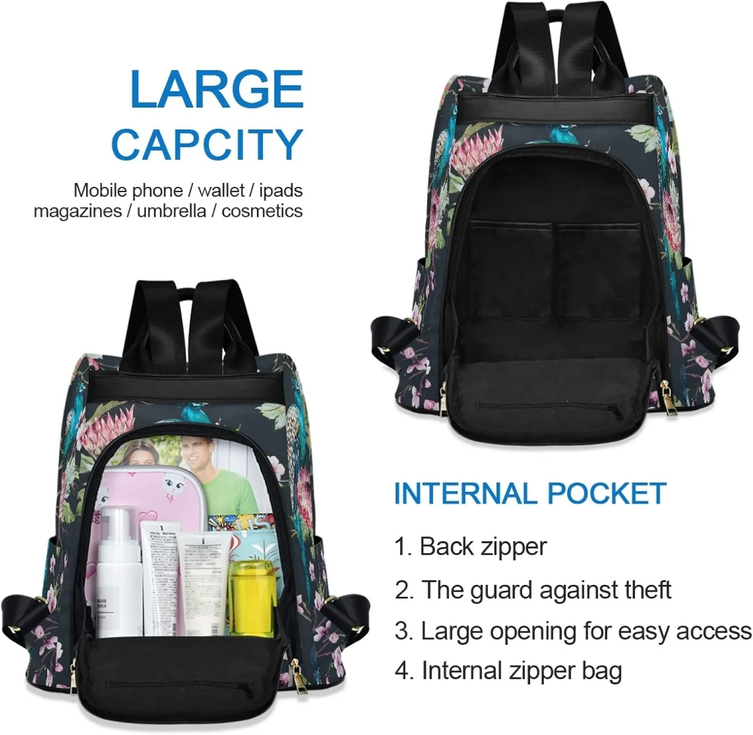 ALAZA Watercolor Peacock Flower Floral Backpack Purse for Women Anti Theft Fashion Back Pack Shoulder Bag