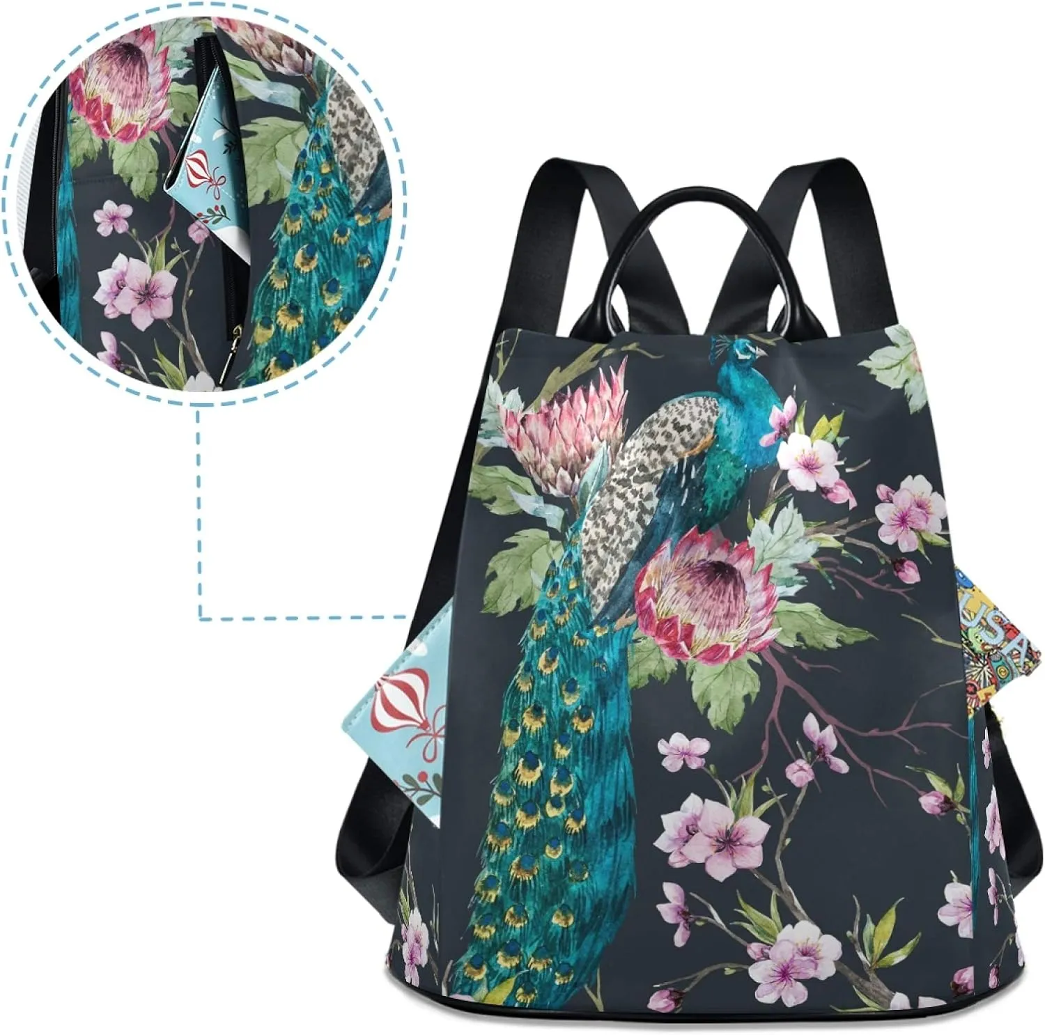 ALAZA Watercolor Peacock Flower Floral Backpack Purse for Women Anti Theft Fashion Back Pack Shoulder Bag