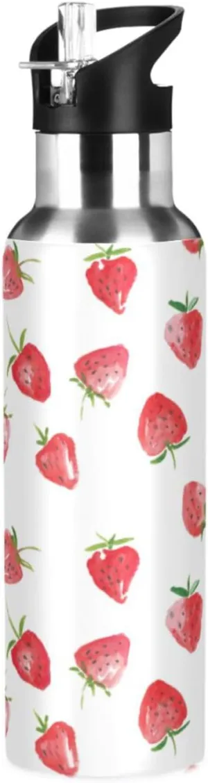 ALAZA Watercolor Strawberries Fruits Water Bottle With Straw Lids Boys Girls,Vacuum Insulated Leakproof Stainless-Steel Sports Bottle Thermal Flask For Gym Yoga Camping,20Oz (600Ml)