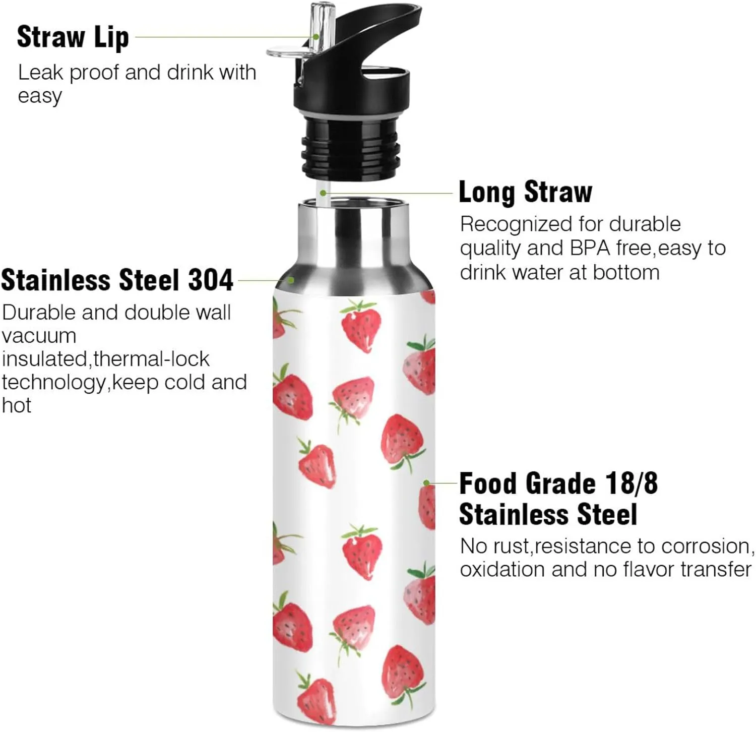 ALAZA Watercolor Strawberries Fruits Water Bottle With Straw Lids Boys Girls,Vacuum Insulated Leakproof Stainless-Steel Sports Bottle Thermal Flask For Gym Yoga Camping,20Oz (600Ml)