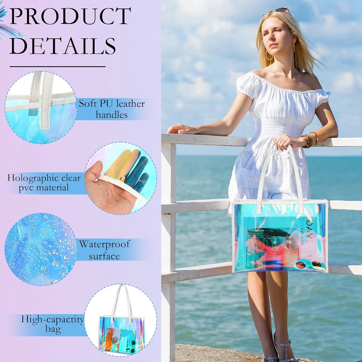 Aliceset Holographic Clear Tote Bag with Leather Handle Iridescent Bachelorette Beach Bag for Work Stadium Travel