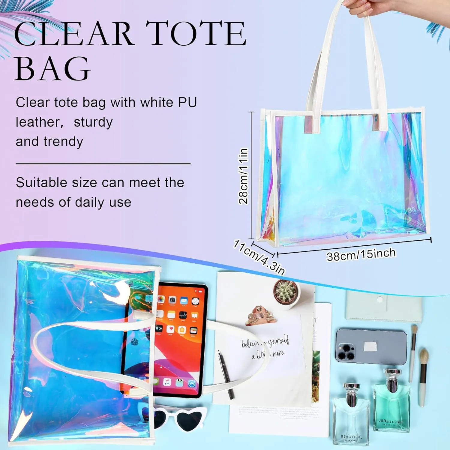 Aliceset Holographic Clear Tote Bag with Leather Handle Iridescent Bachelorette Beach Bag for Work Stadium Travel
