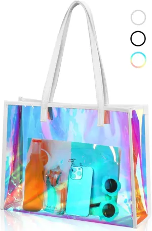 Aliceset Holographic Clear Tote Bag with Leather Handle Iridescent Bachelorette Beach Bag for Work Stadium Travel