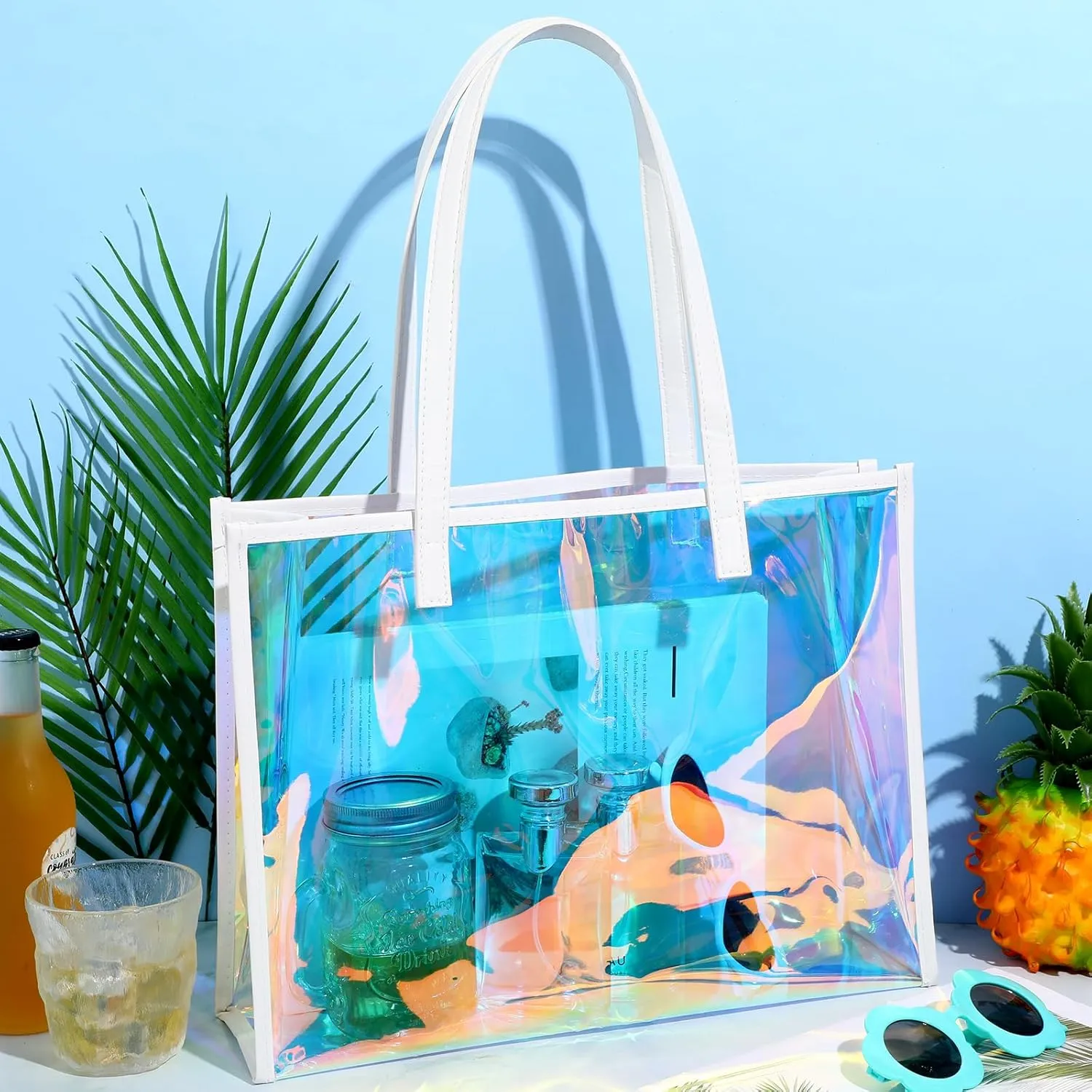 Aliceset Holographic Clear Tote Bag with Leather Handle Iridescent Bachelorette Beach Bag for Work Stadium Travel