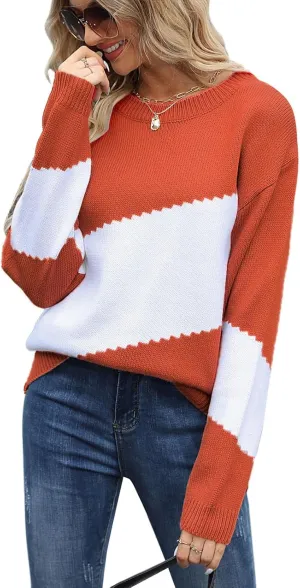 Alsol Lamesa Women's Pullover Sweaters Color Block Crew Neck Long Sleeve Casual Knit Sweater
