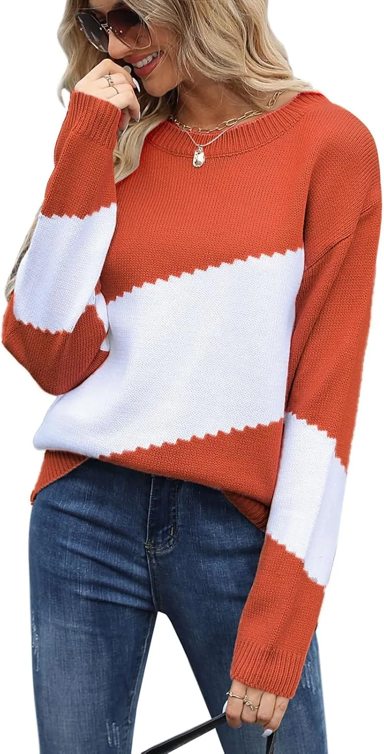 Alsol Lamesa Women's Pullover Sweaters Color Block Crew Neck Long Sleeve Casual Knit Sweater
