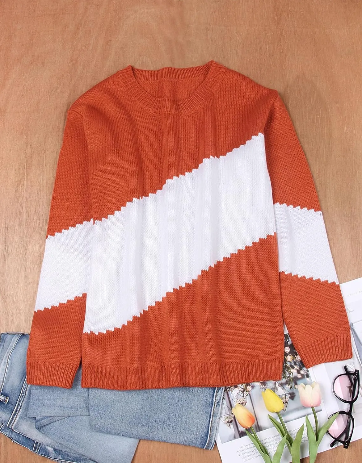 Alsol Lamesa Women's Pullover Sweaters Color Block Crew Neck Long Sleeve Casual Knit Sweater