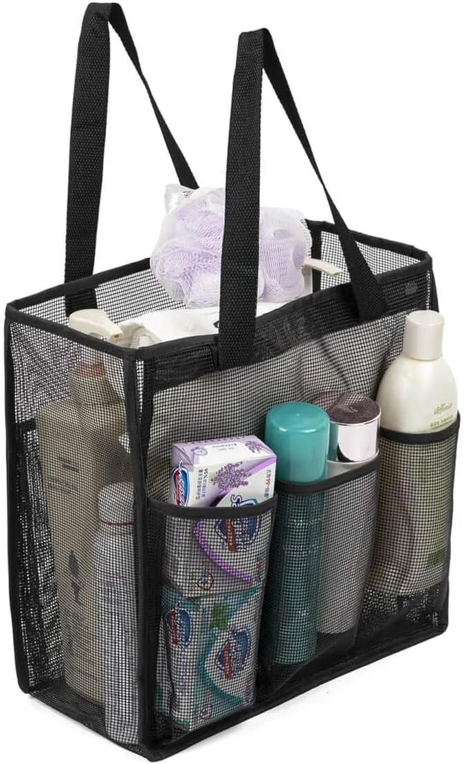 ALYER Big Mesh Shower Bag Tote,Portable Dry Wet Separation Bath Organizer with a Clear Zippered PVC Pocket (Black)
