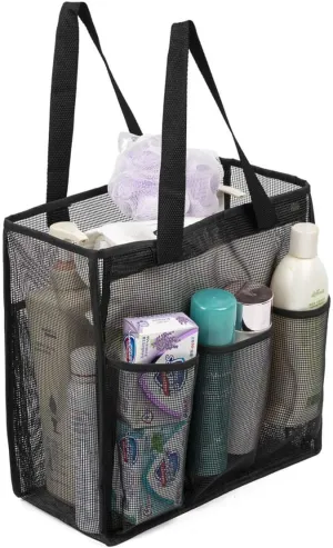 ALYER Big Mesh Shower Bag Tote,Portable Dry Wet Separation Bath Organizer with a Clear Zippered PVC Pocket (Black)