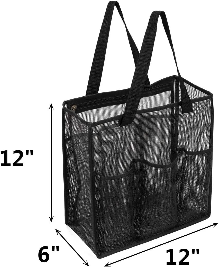 ALYER Big Mesh Shower Bag Tote,Portable Dry Wet Separation Bath Organizer with a Clear Zippered PVC Pocket (Black)
