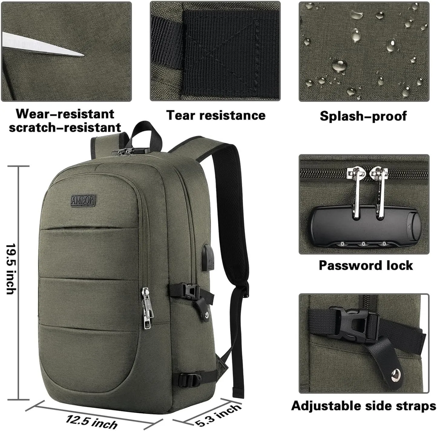 AMBOR Anti Theft Backpack, 15.6-17.3 inch Business Laptop Carry on Backpack with USB Charging Port and Headphone Interface, Travel Backpack for Men & Women