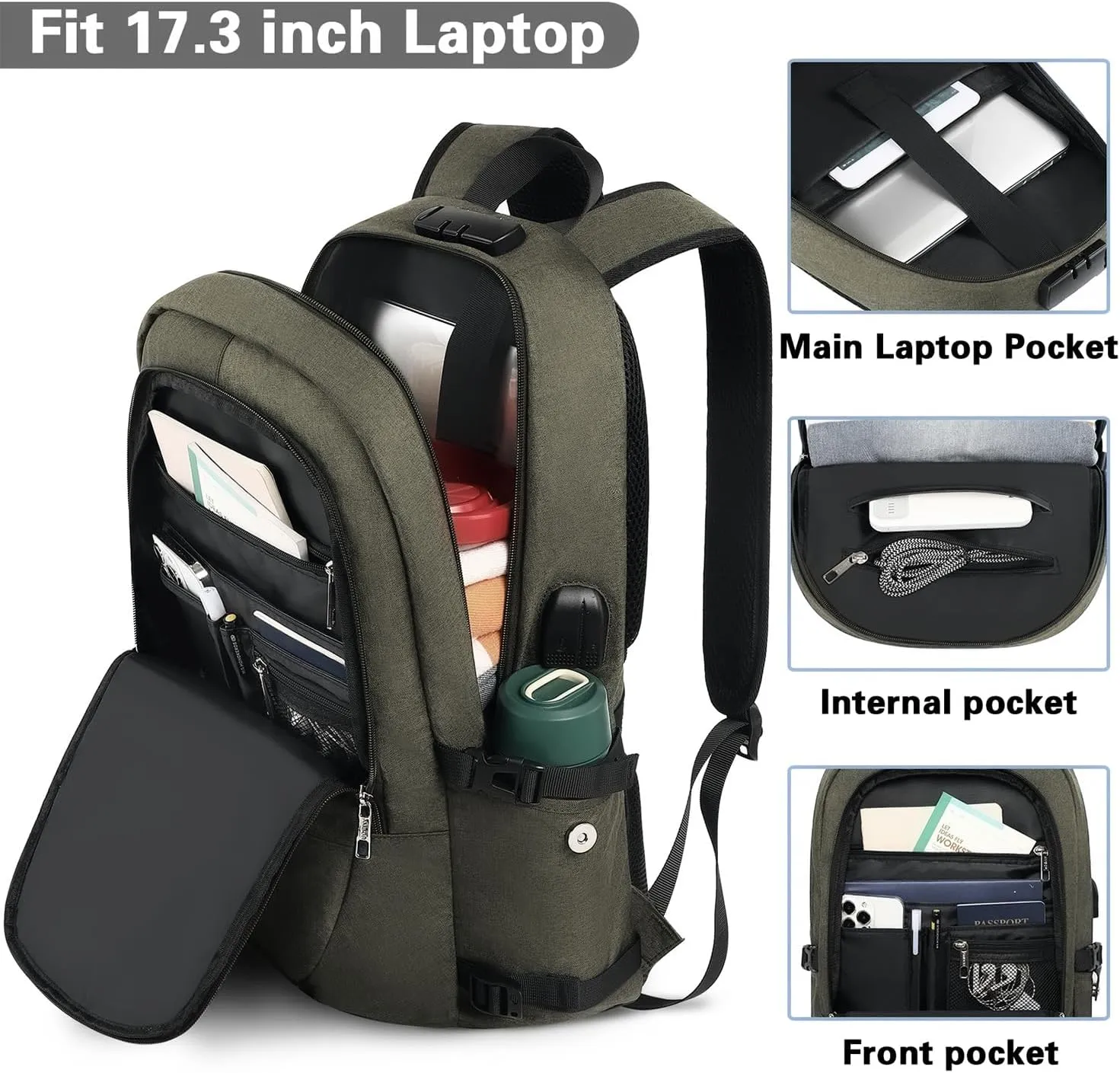 AMBOR Anti Theft Backpack, 15.6-17.3 inch Business Laptop Carry on Backpack with USB Charging Port and Headphone Interface, Travel Backpack for Men & Women