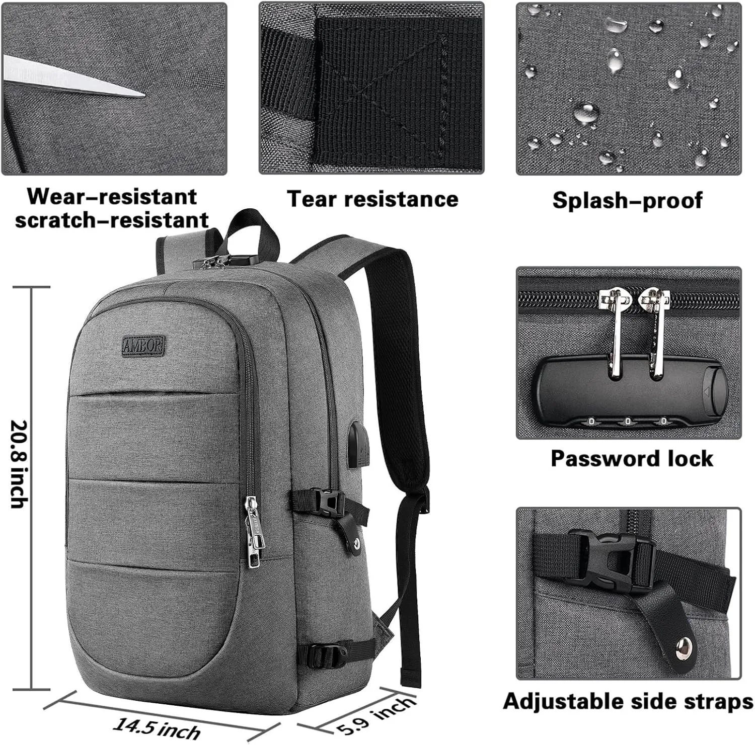 AMBOR Travel Laptop Backpack,18.4 inch Anti Theft Business Laptop Carry on Backpack with USB Charging Port and Headphone Interface, Backpack for Men & Women, Grey