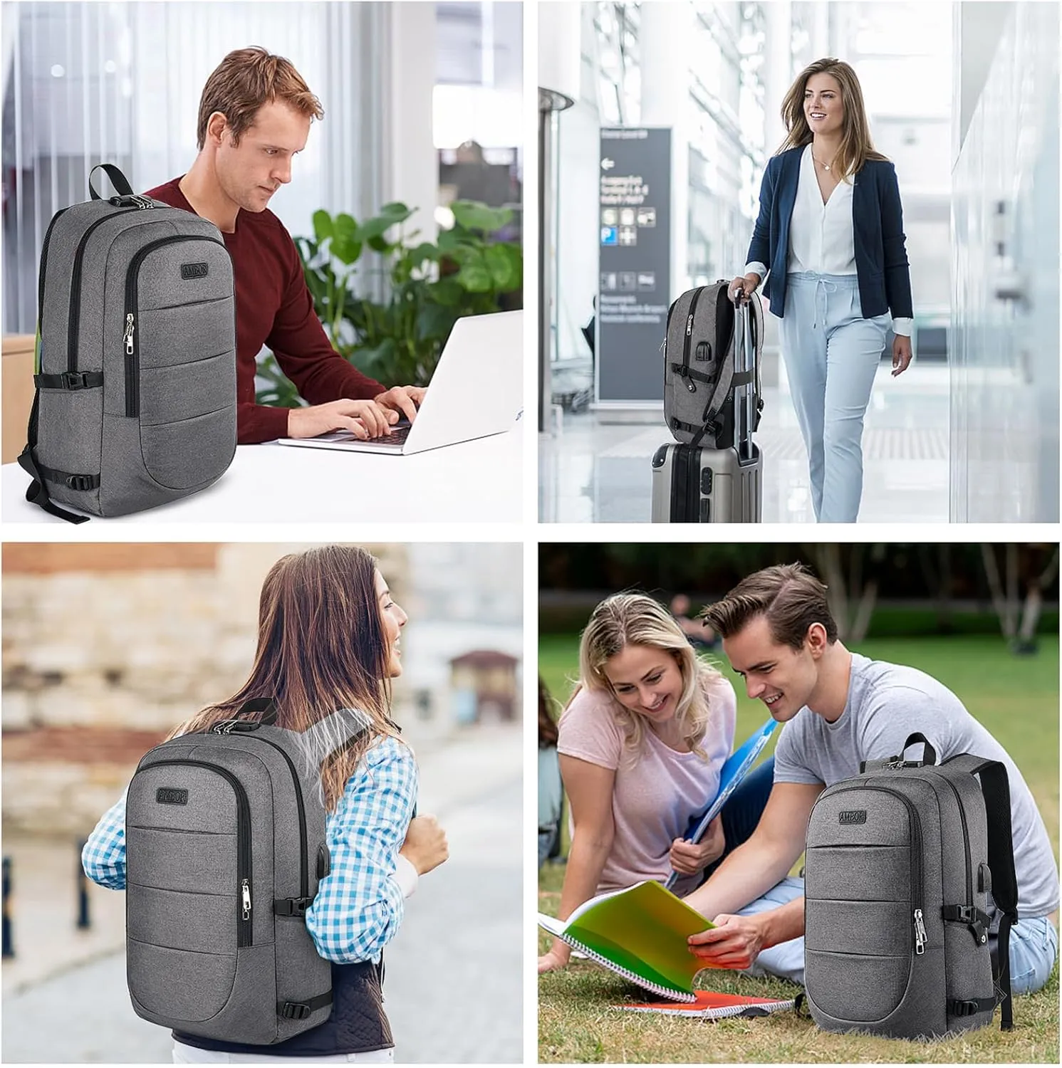 AMBOR Travel Laptop Backpack,18.4 inch Anti Theft Business Laptop Carry on Backpack with USB Charging Port and Headphone Interface, Backpack for Men & Women, Grey