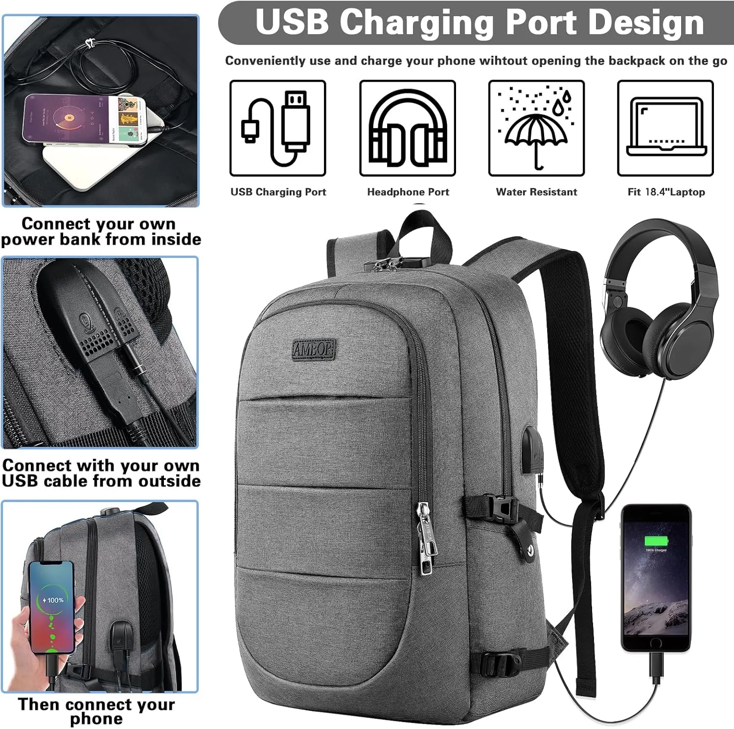AMBOR Travel Laptop Backpack,18.4 inch Anti Theft Business Laptop Carry on Backpack with USB Charging Port and Headphone Interface, Backpack for Men & Women, Grey