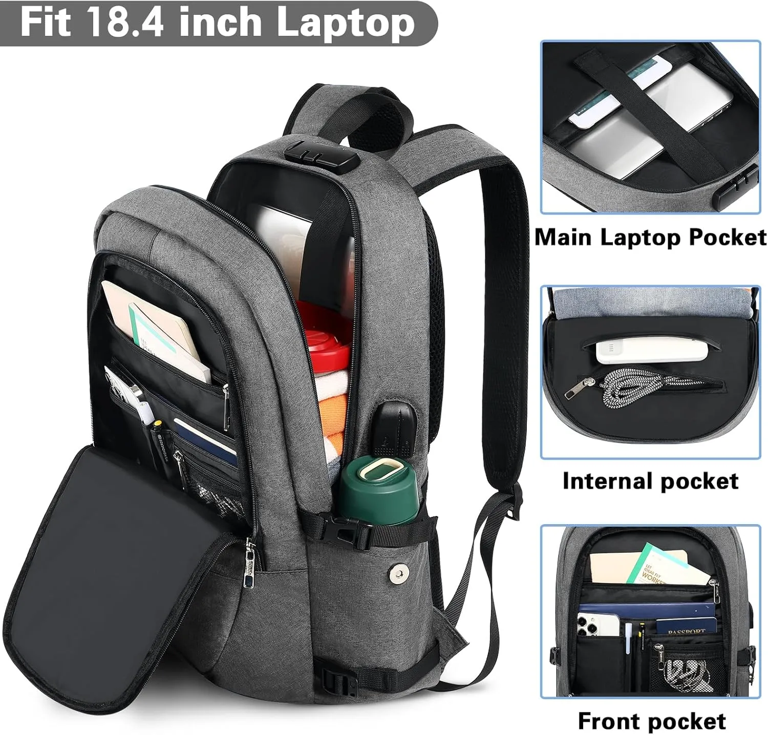 AMBOR Travel Laptop Backpack,18.4 inch Anti Theft Business Laptop Carry on Backpack with USB Charging Port and Headphone Interface, Backpack for Men & Women, Grey