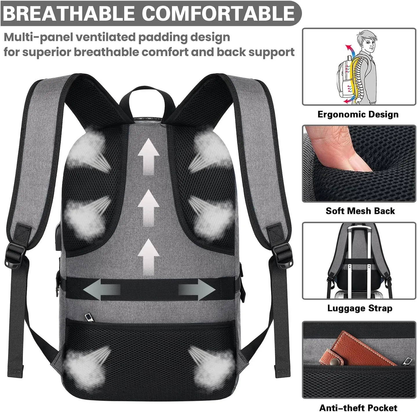 AMBOR Travel Laptop Backpack,18.4 inch Anti Theft Business Laptop Carry on Backpack with USB Charging Port and Headphone Interface, Backpack for Men & Women, Grey
