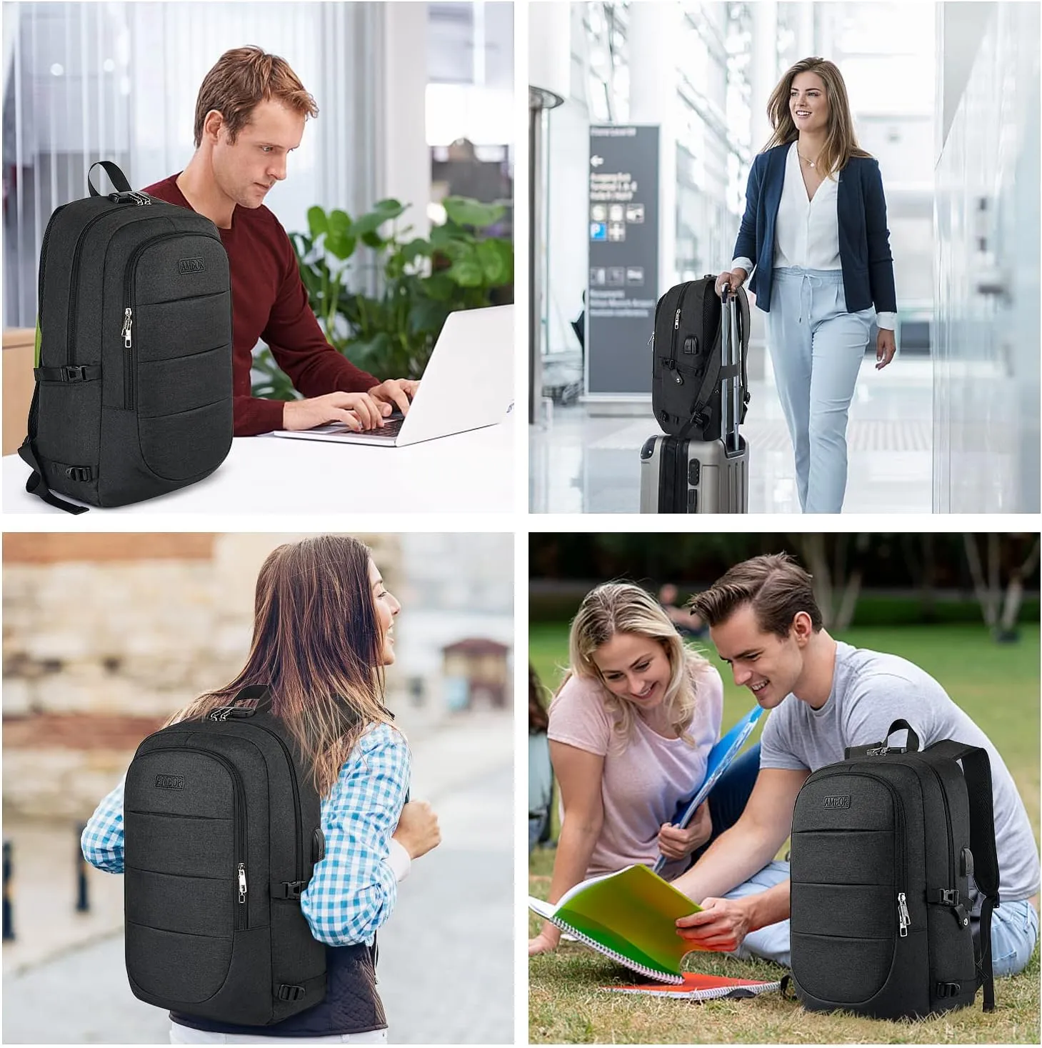 AMBOR Travel Laptop Backpack,18.4 inch Anti Theft Business Laptop Carry on Backpack with USB Charging Port and Headphone Interface, Backpack for Men & Women,Black