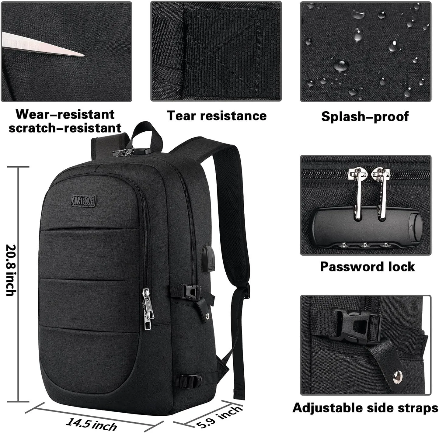 AMBOR Travel Laptop Backpack,18.4 inch Anti Theft Business Laptop Carry on Backpack with USB Charging Port and Headphone Interface, Backpack for Men & Women,Black